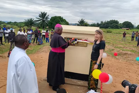 Bishop Martin and guest from Germany dedicate the cornerstone of St. Steven's Secondary School
