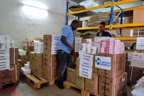 Pharmaceutical donations and bandages are packed and dispatched