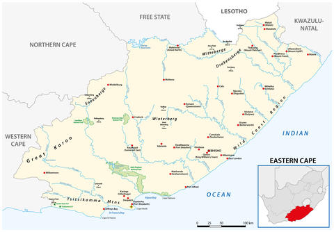 Landkarte, die das Eastern Cape in Südafrika zeigt