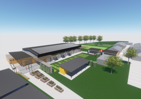 3D-Sicht auf die geplante Gemeinschaftshalle der Walmer Primary School in Südafrika